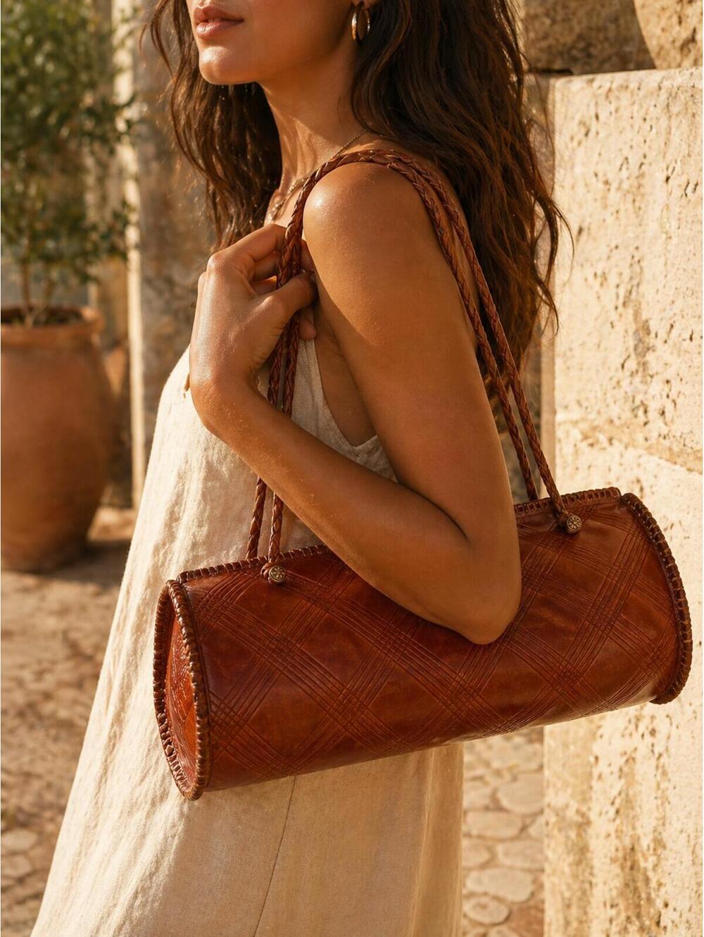 Vintage Brown Leather Barrel Bag 1960s Boho Shoulder